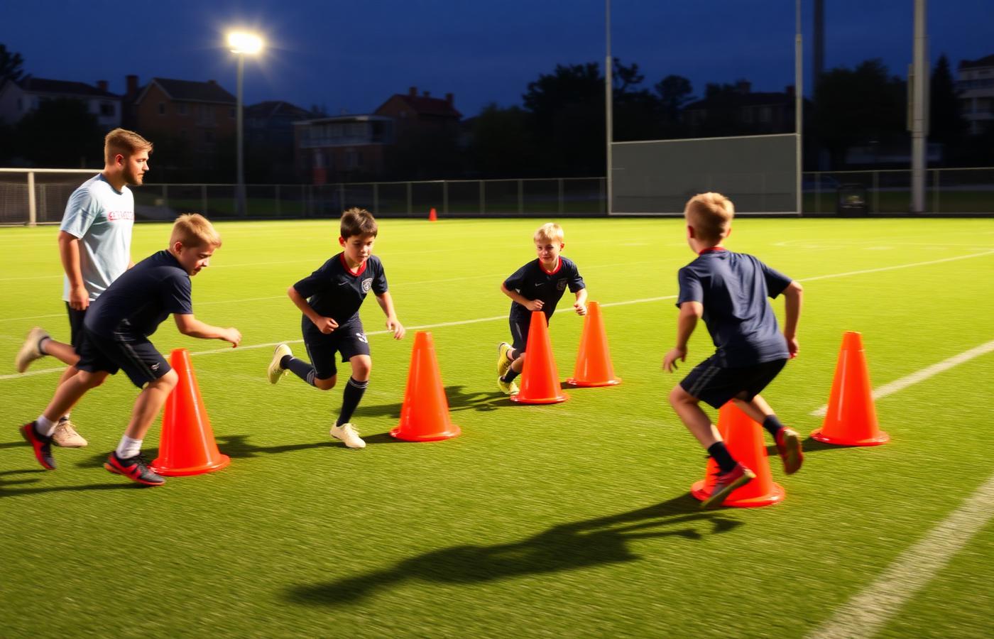 Grupo de atletas em treino com cones